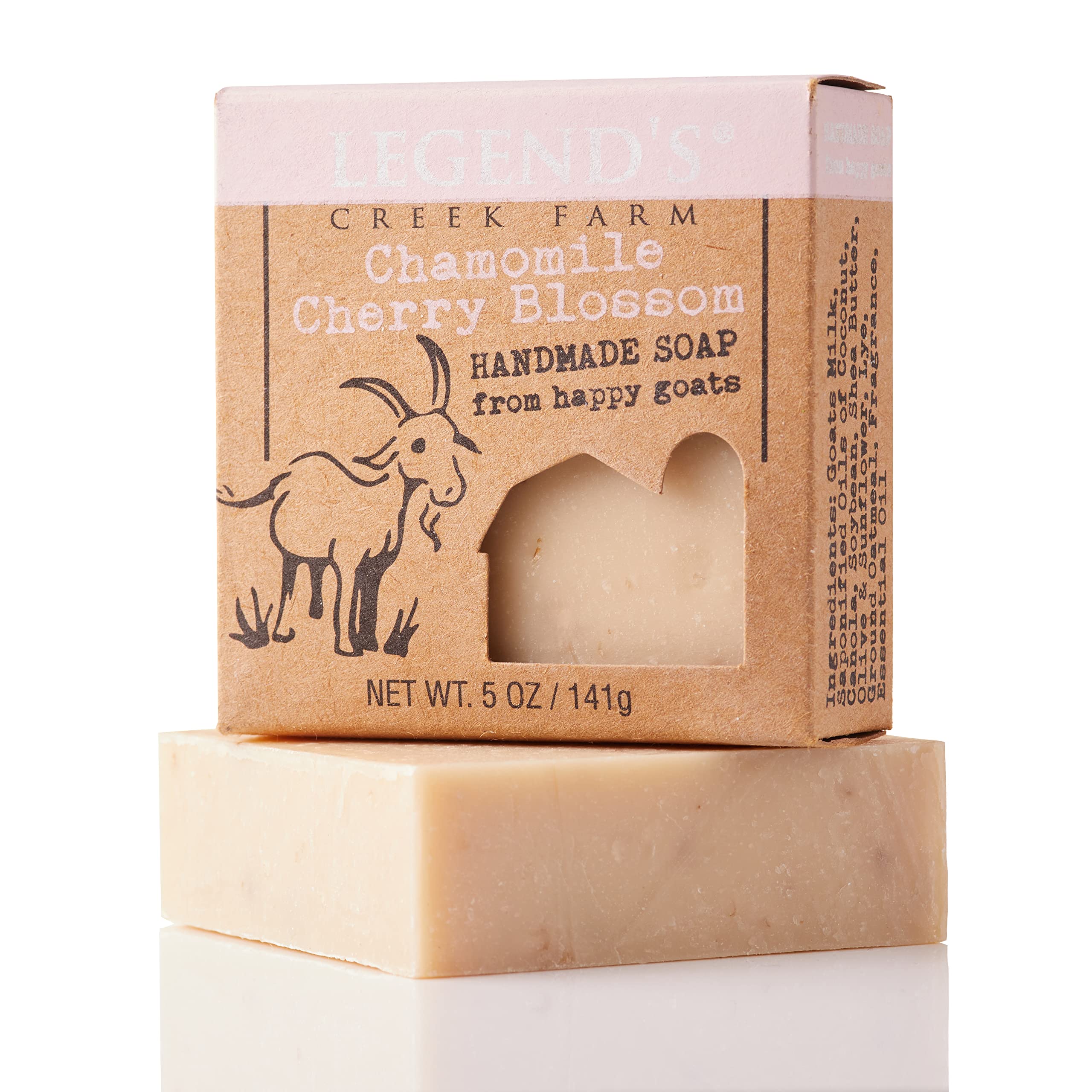 Legend's Creek Farm Goat Milk Soap - Cleansing Moisturizing Soap Bar for Hands and Body - 5 Oz Creamy Lather, Nourishing, Gentle Natural Soap for Sensitive Skin (Chamomile Cherry Blossom, Pack of 2)